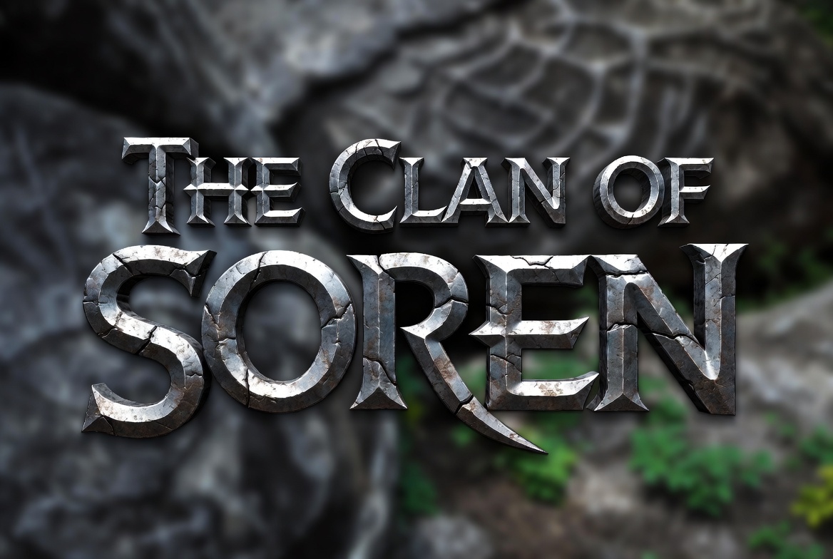 Stone-carved title art reading THE CLAN OF SOREN in weathered 3D lettering against blurred boulders and moss